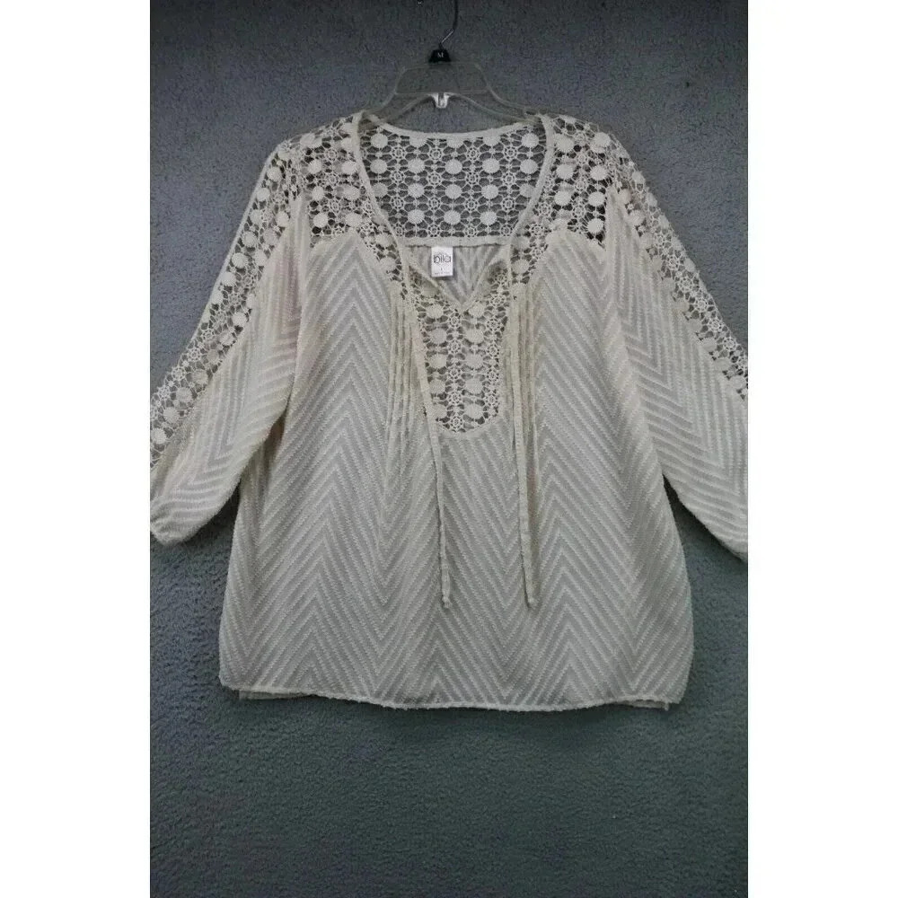 Bila White Cream Chevron Lace 3/4 Sleeve Blouse-Size Large-Summer-Beachy-Texture